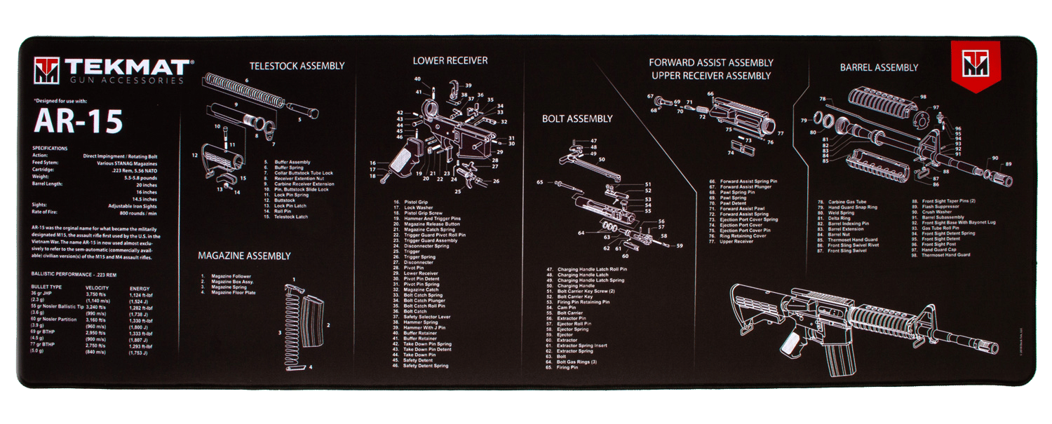 TekMat TEKR44AR15 AR-15 Ultra 44 Cleaning Mat Black/White Rubber 15"x44" AR-15 Parts Diagram
