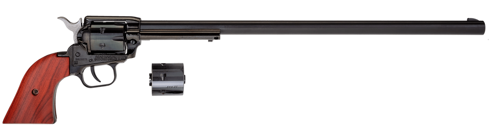Heritage Mfg RR22MB16 Rough Rider  22 LR/22 WMR 6 Shot, 16" Black Steel Barrel, Black Zinc Alloy Frame, Black Cylinder Cocobolo Grip, Hammer/Thumb Safety, Exposed Hammer