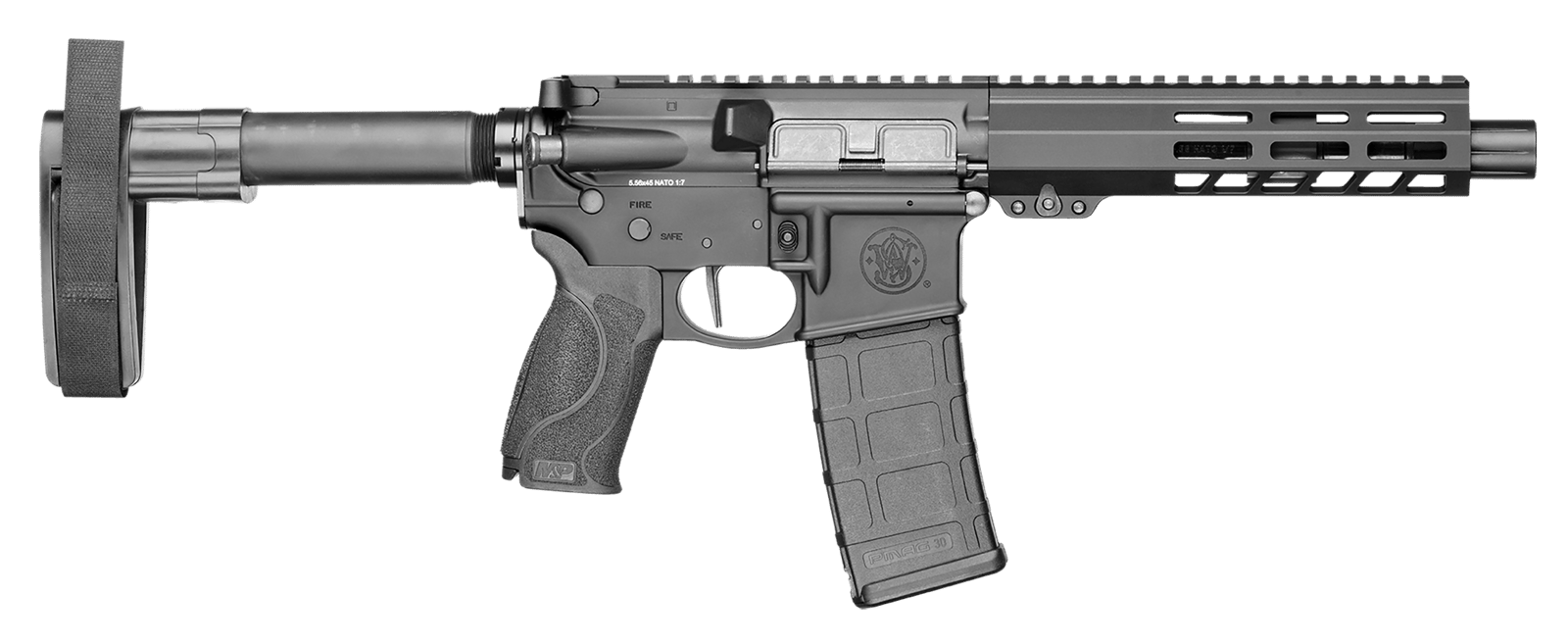 Smith & Wesson 13658 M&P15  223 / 5.56 NATO 7.50" Armornite Barrel 30+1, Fixed Arm Brace, Black Interchangeable Palmswell Grip Inserts, Manual Safety, Straight Buffer Tube, Optics Ready