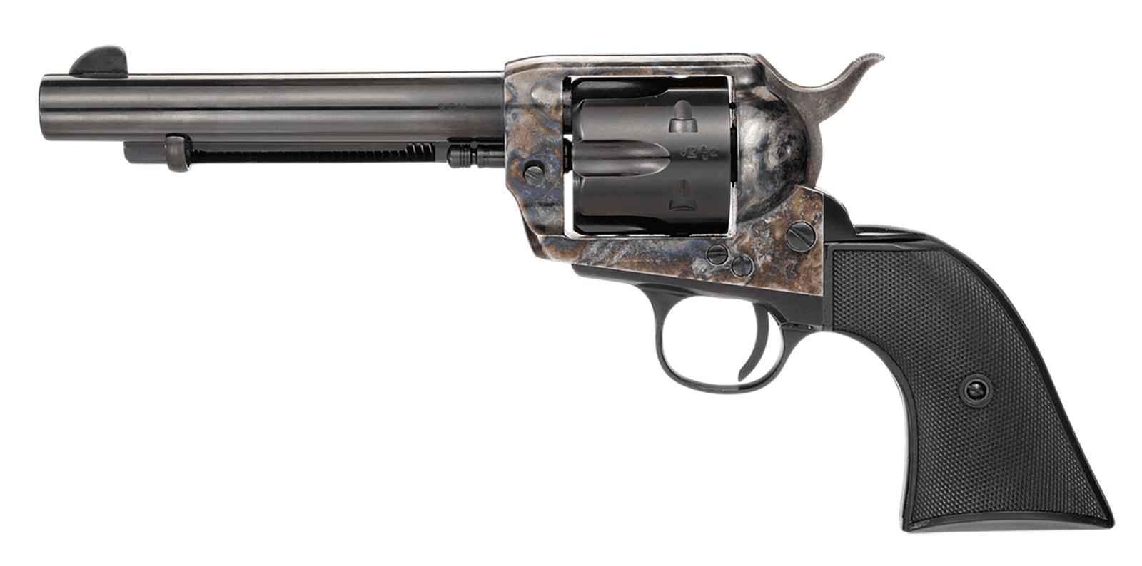 Taylors & Company 200110 1873 Pietta 9mm Luger 6 Shot 5.50" Blued Round Barrel, Blued Cylinder, Color Case Hardened Steel Frame, Black Checkered Plastic Navy Grip, Manual Safety, Exposed Hammer