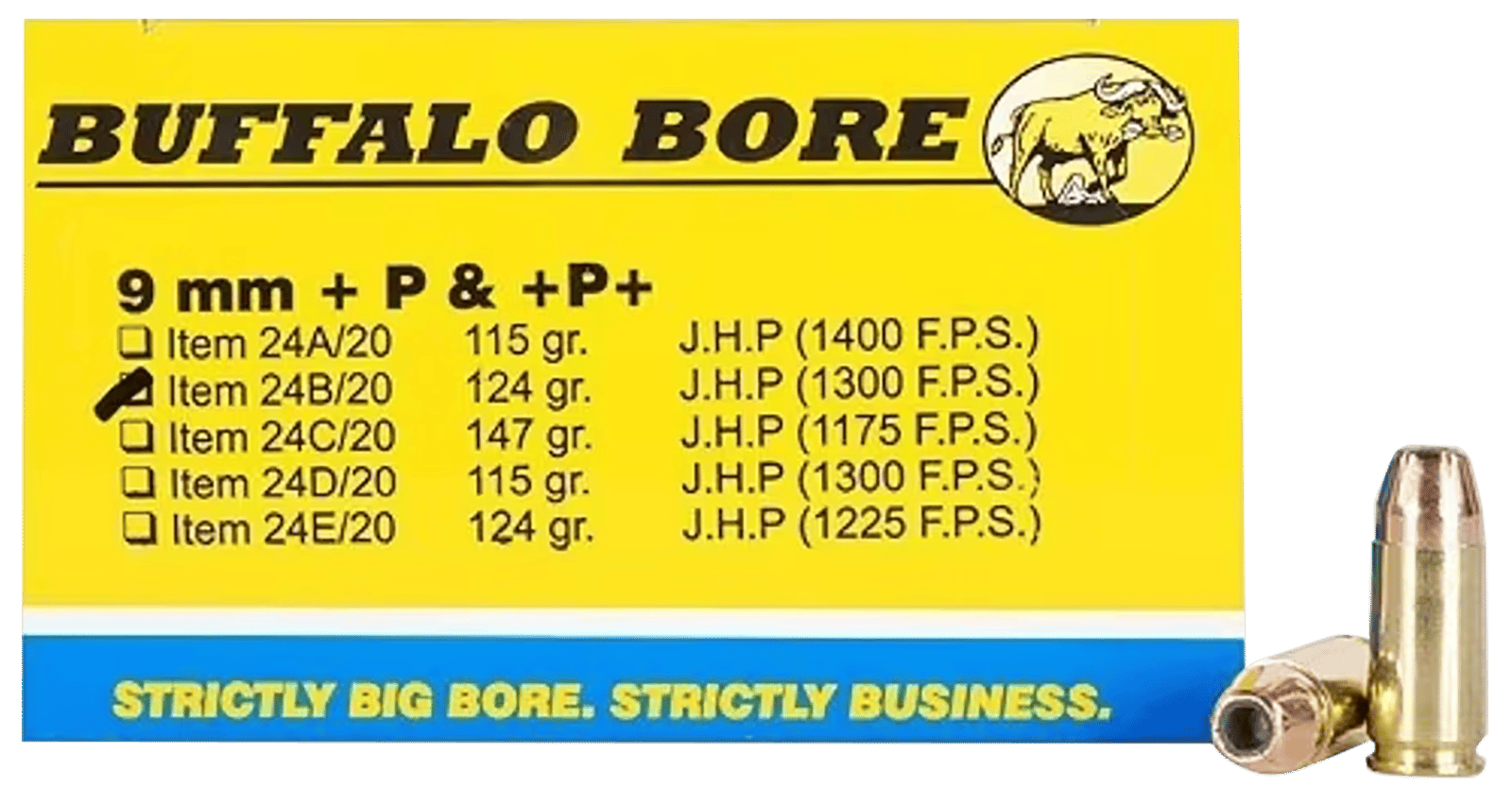 Buffalo Bore Ammunition 24B20 Personal Defense Strictly Business 9mmLuger +P+ 124gr Jacket Hollow Point 20 Per Box/12 Case