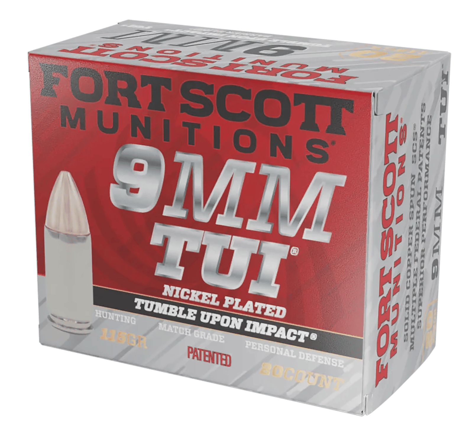 Fort Scott Munitions 9MM115SCVNIC Tumble Upon Impact (TUI)  9mmLuger 115gr Solid Copper Spun 20 Per Box/25 Case