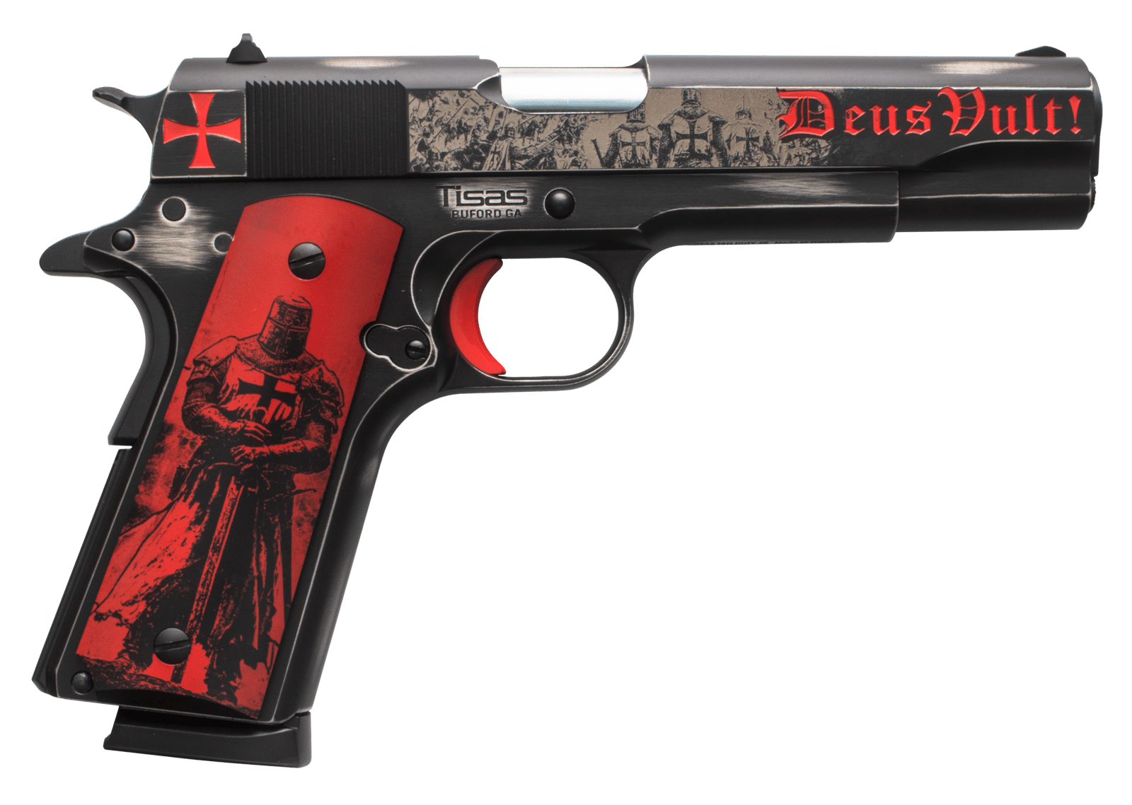 Tisas Arms 10100518AA2 1911 Crusader Full Size Frame 45 ACP 7+1 5" Steel Serrated Slide, Distressed Graphite Cerakote Carbon Steel Frame w/Beavertail, Multi-Color Cerakote Grip