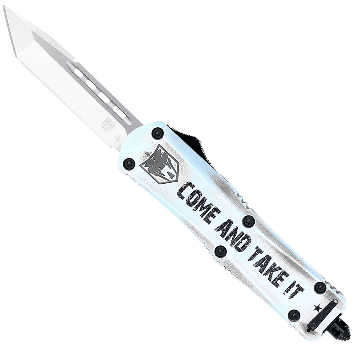 CobraTec Knives SCATIFS3TNS FS-3 Come And Take It Small 3" OTF Tanto Plain Satin D2 Steel Blade, 4.50" White "Come And Take It" Aluminum Cerakoted Handle
