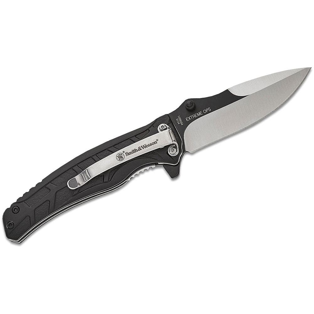 Smith & Wesson Extreme Ops Folding Knife 3" Drop Point Blade Two Tone Black Silver Box