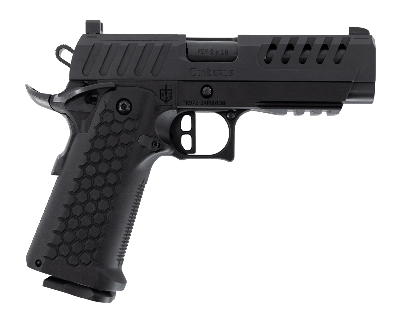 MAC 12500032 Cerberus  9mm Luger 17+1 4.40" Bull w/Target Crown Barrel, QPQ Tenifer Cerakote Optic Ready/Serrated Slide, Aluminum Grip, RMR Footprint