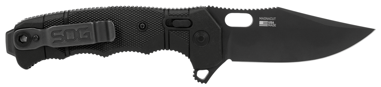 S.O.G SOG12211357 Seal XR 3.90" Folding Clip Point Plain Black MagnaCut Blade, Black Textured GRN/Titanium Handle