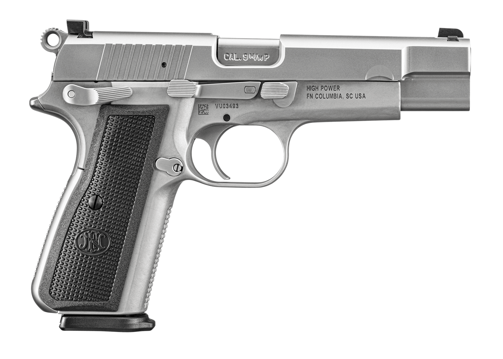 FN 66101116 High Power  9mm Luger 10+1 4.70" Black Target Crown Steel Barrel, Stainless PVD Serrated Steel Slide, Matte Stainless Steel Frame w/Beavertail, Black Textured Polymer Grip, Ambidextrous