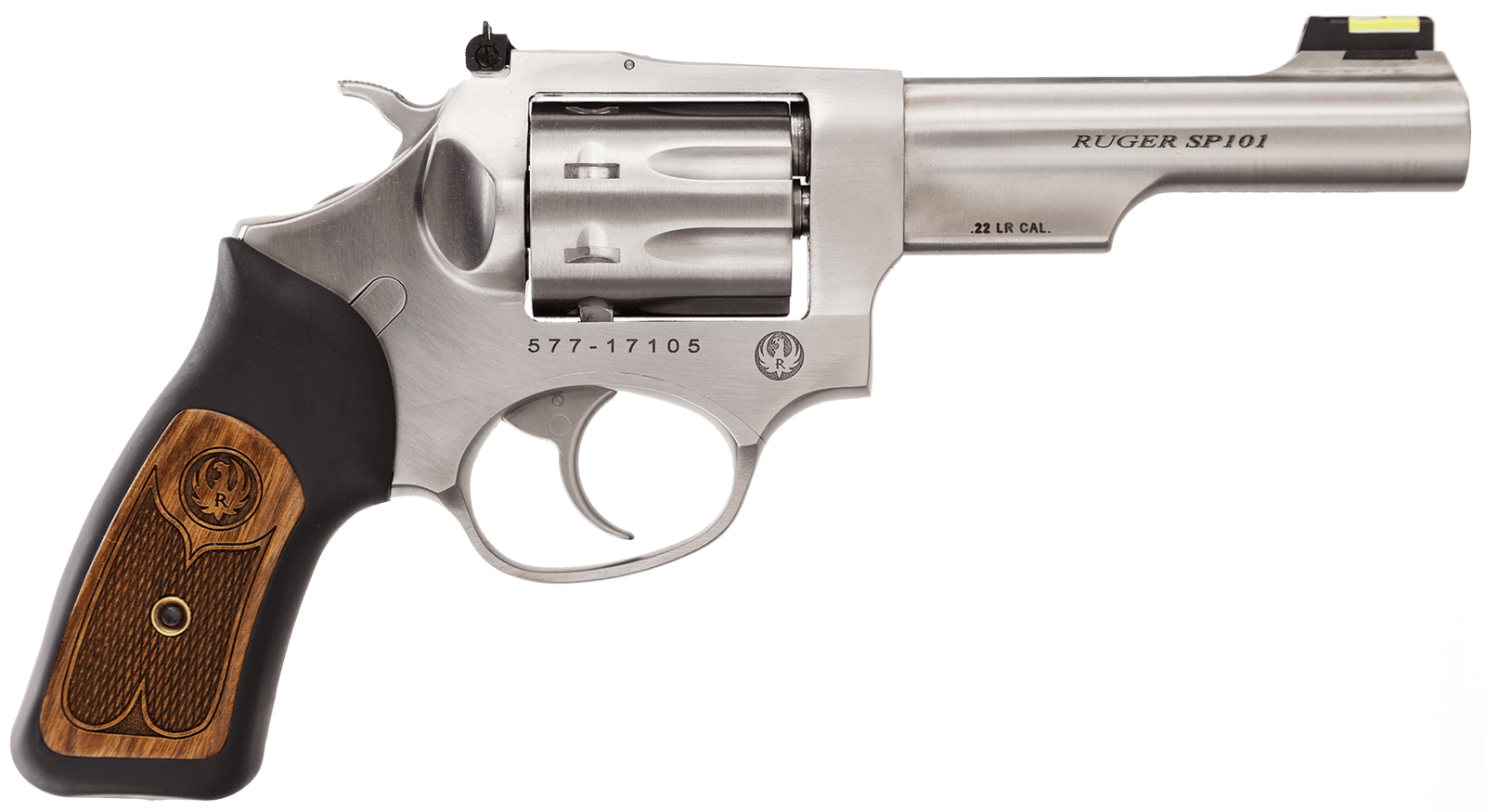 Ruger 5765 SP101  22 LR 8rd 4.20" Satin Stainless Steel Barrel, Cylinder & Frame, Black Rubber w/Wood Insert Grip, Transfer Bar Safety, Exposed Hammer