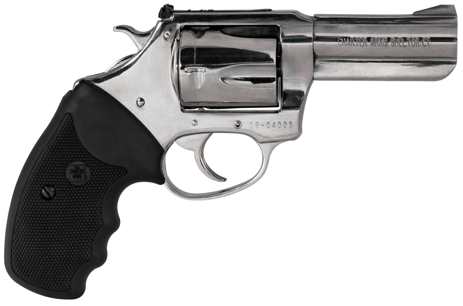 Charter Arms 73539 Mag Pug  Large 357 Mag, 5 Shot 3" High Polished Stainless Steel Barrel, Cylinder & Frame w/Black Finger Grooved Rubber Grip