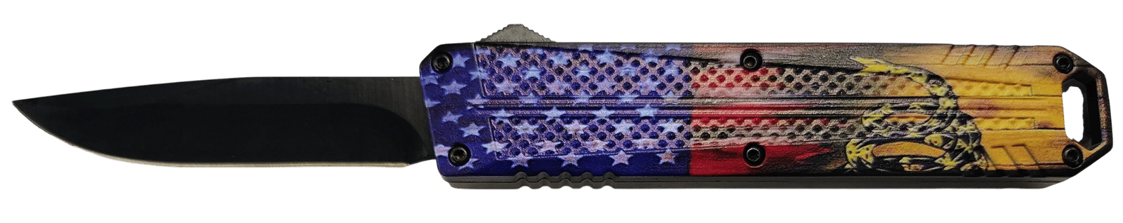 Xcaliber Knife Company  Don't Tread on Me  Medium 3.20" OTF Drop Point Plain Black 440C SS Blade, 4.80" US Flag Aluminum Handle