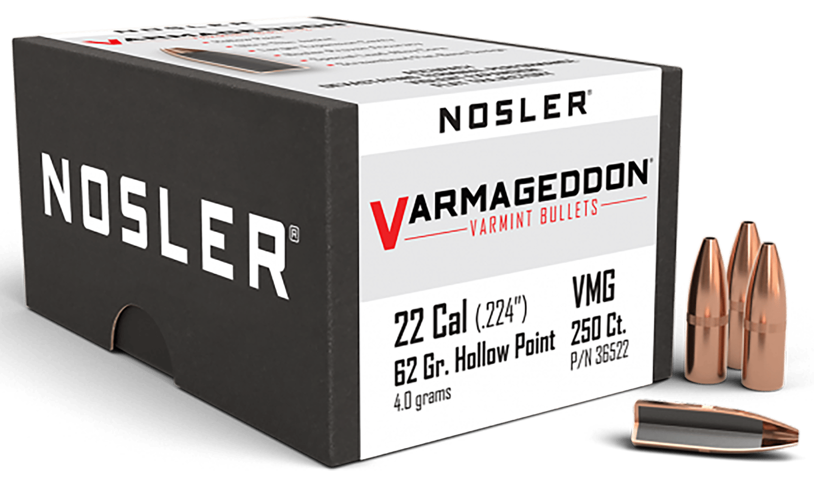 Nosler 36522 Varmageddon  22Cal 62gr Flat Base Hollow Point 250/Box