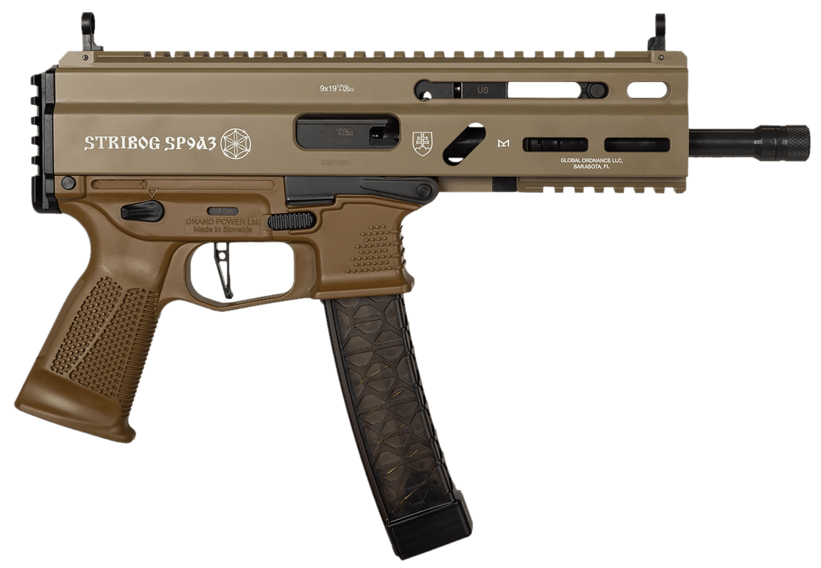 Grand Power 197892004770 SP9A3 Stribog 9mm Luger 30+1 8" Black Threaded Barrel, M-LOK Handguard, Flat Dark Earth Aluminum Picatinny Rail Receiver, Rear Picatinny Rail, FDE Polymer Grips