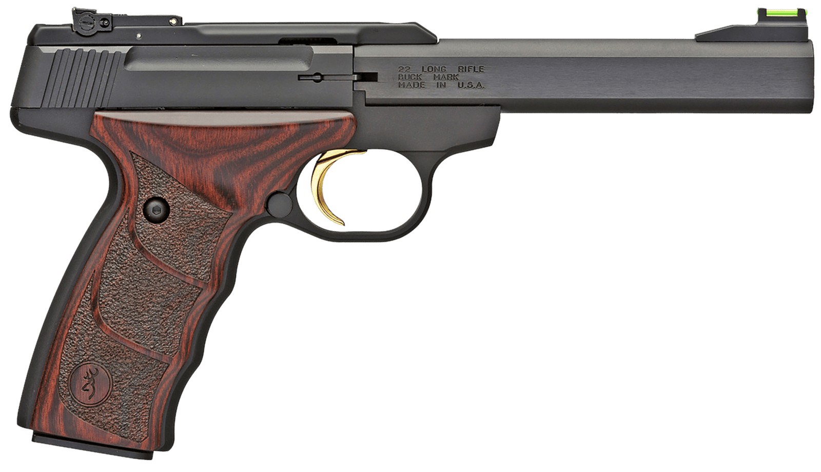 Browning 051429490 Buck Mark Plus *CA Compliant 22 LR 10+1 5.50" Slab Side Barrel, Matte Black Serrated Steel Slide  & Aluminum Frame, Brown Finger Grooved Laminate Grips