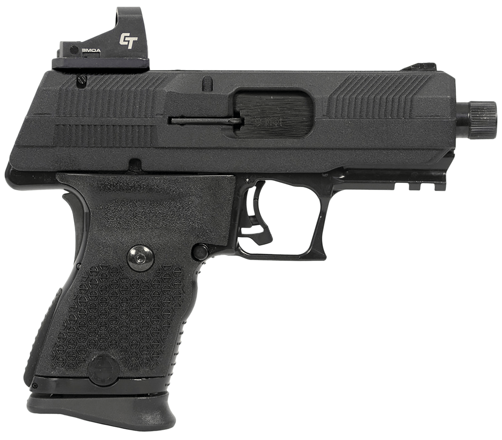 Hi-Point YC9RDCT YC9 w/Red Dot 9mm Luger 10+1 4.12" Black Steel Threaded Barrel, Black YC9 Styled/Serrated Slide, Black Polymer Frame w/Picatinny Rail,  Black Plastic Grips, Crimson Trace Red Dot