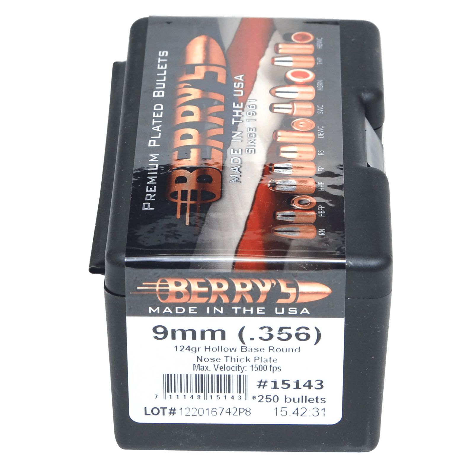 Berry's 15143 Superior Pistol 9mm/356 124gr Hollow Base Round Nose Thick Plate 250/Box