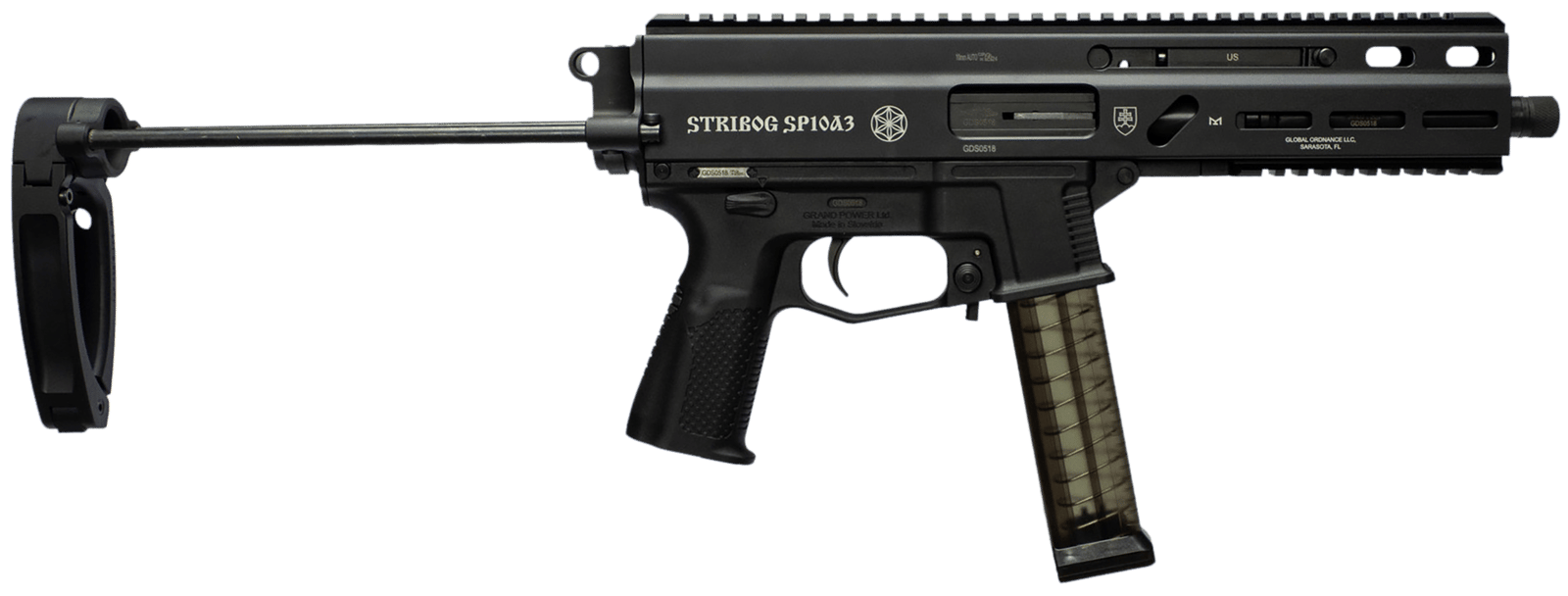 Grand Power 197892004855 SP10A3 Stribog 10mm Auto 20+1 8" Black Threaded Barrel, Black Aluminum Picatinny Rail Receiver, Black Polymer PDW Tailhook Brace, Black Polymer Grip, Thread Protector
