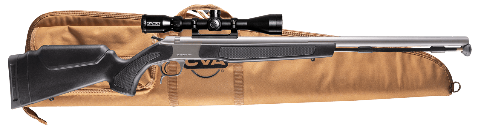 CVA PR2050SSCP Optima Scope Package 50 Cal 26" Stainless Fluted Barrel, Drilled & Tapped Stainless Steel Receiver, Fixed Black Synthetic Stock, Konus 3-9x40mm BDC, Rifle Case, Aerolite Bullets