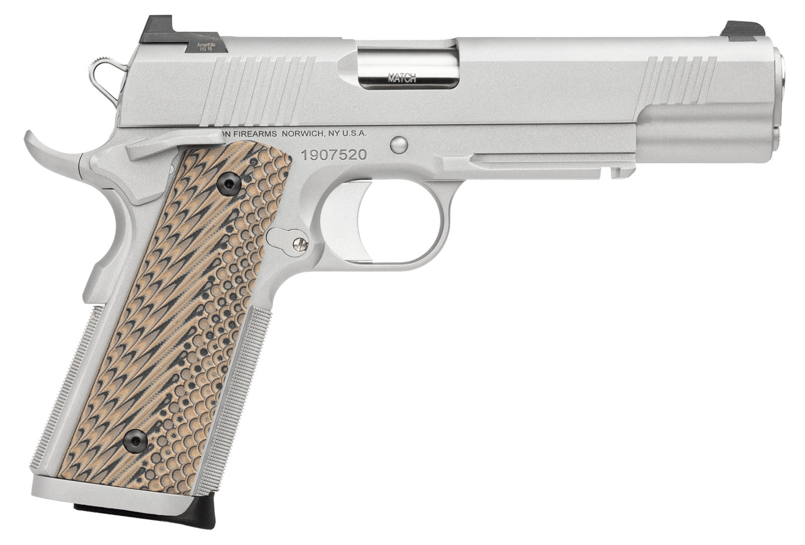 Dan Wesson 01815 Specialist  10mm Auto Caliber with 5" Barrel, 8+1 Capacity, Overall Stainless Steel Finish, Picatinny Rail & Beavertail Frame, Serrated Bead Blasted Slide & Black/Brown G10 Grip