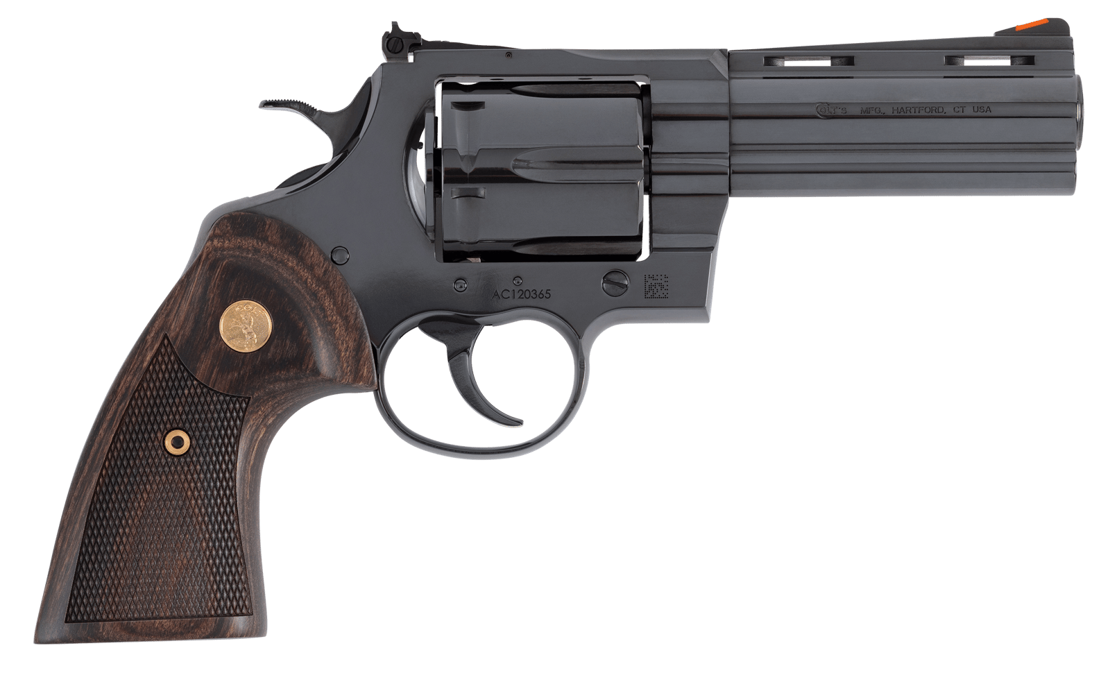 Colt Mfg ANACONDABP4WTS Anaconda  Large 44 Mag 6 Shot 4.25" Blued Vent Rib Barrel, Cylinder, Steel Frame, Hogue Finger Grooved Grip, Exposed Hammer