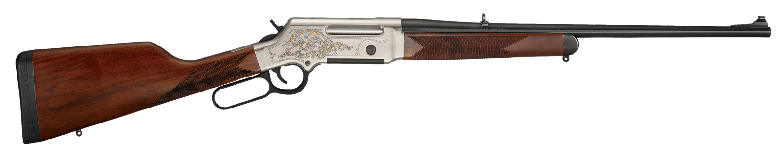 Henry H014D308 Long Ranger Deluxe Full Size 308 Win 4+1 20" Blued Steel Barrel, Engraved Nickel-Plated w/24K Gold Inlay Steel Receiver, American Walnut Stock Right Hand