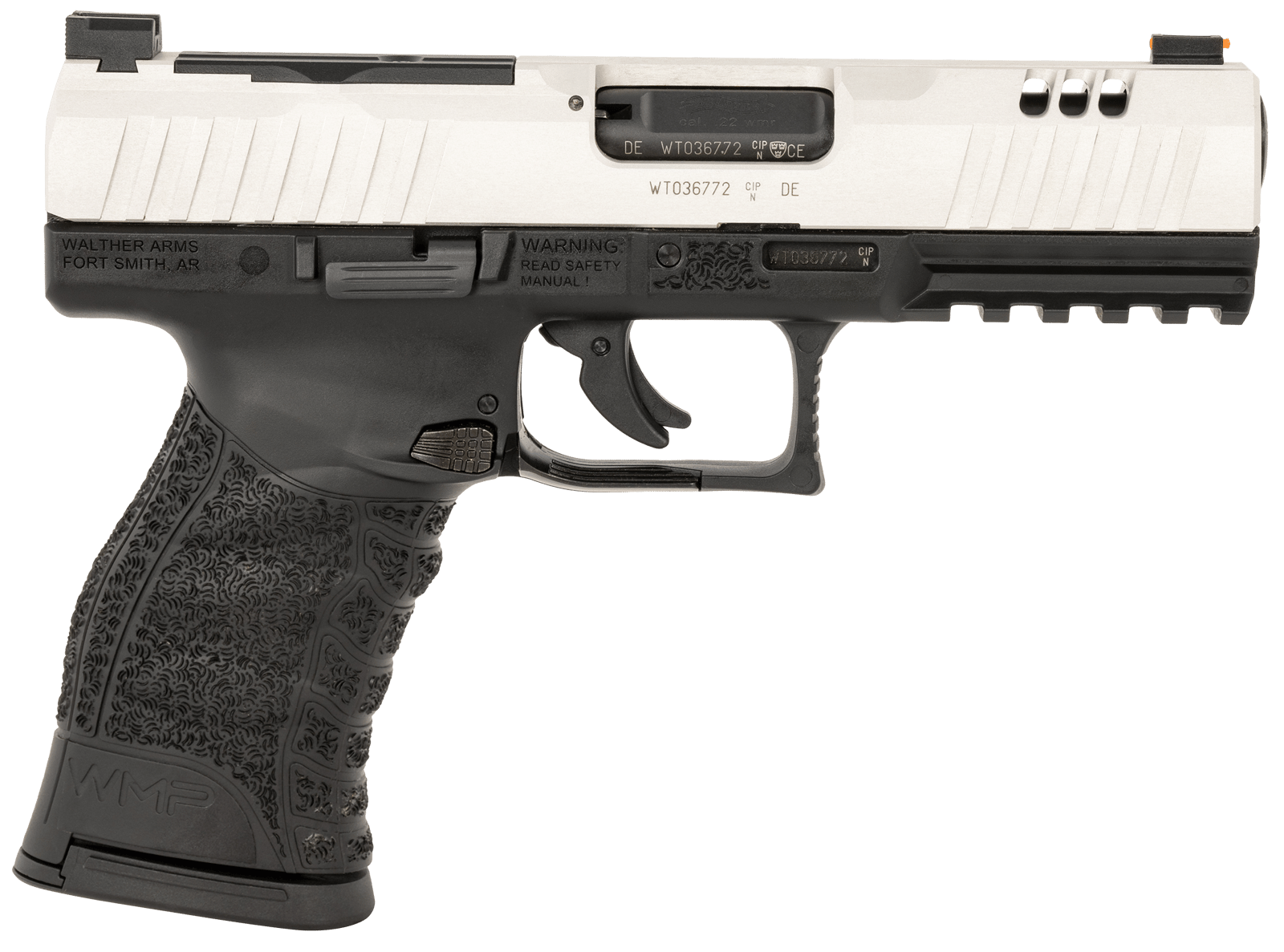 Walther Arms 5220306 WMP  Full Size Frame 22 WMR 15+1 4.50" Stainless Steel Barrel, Silver Serrated Aluminum Slide, Black Polymer Frame w/Picatinny Rail