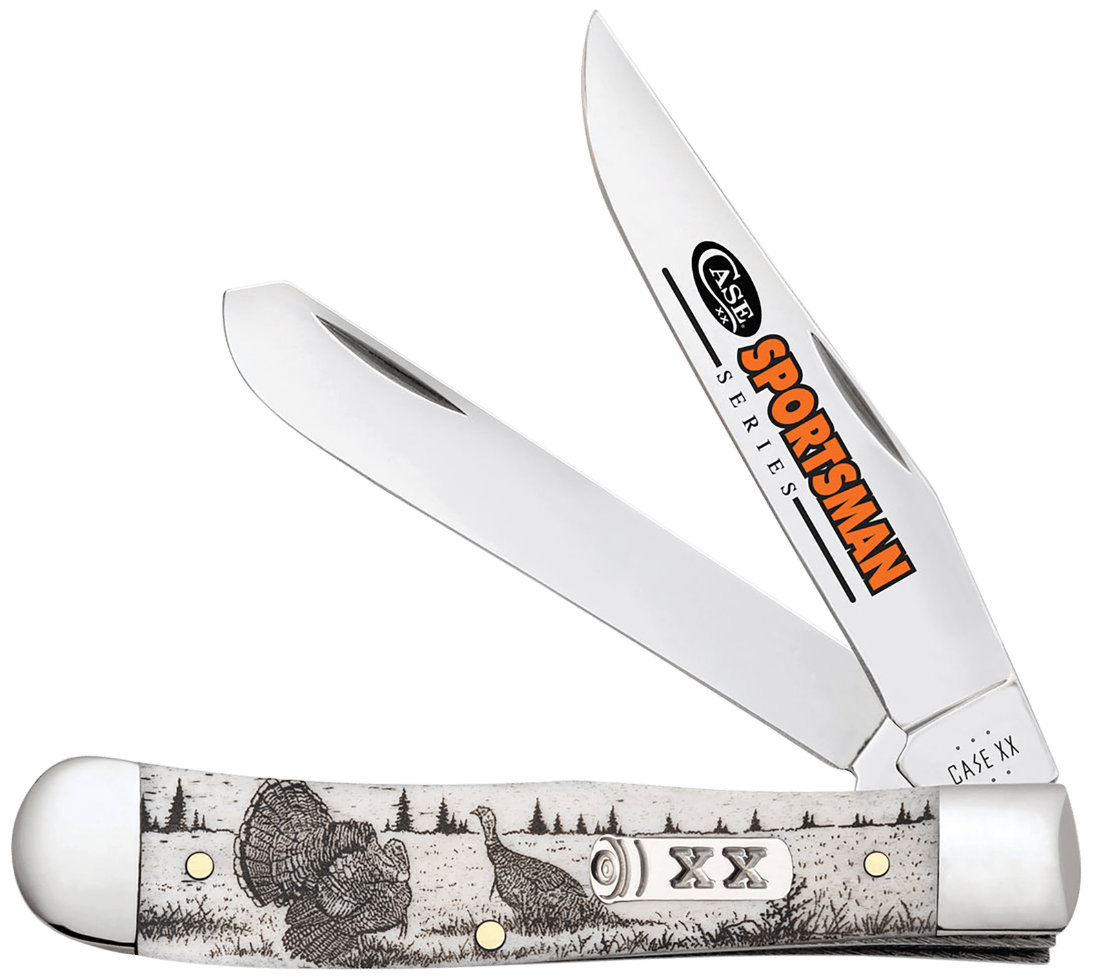Case 81221 Trapper Sportsman Folding Clip Point/Spey Plain Mirror Polished Tru-Sharp SS Blade/Turkey Embellished Natural Bone Handle
