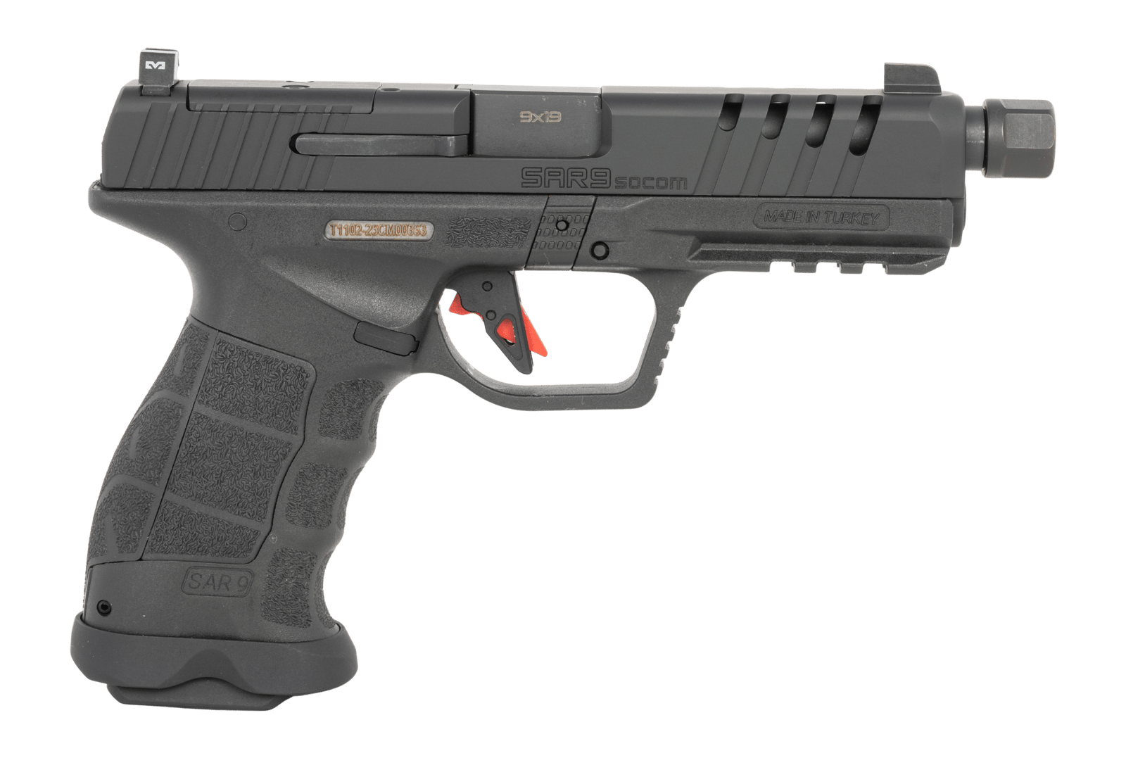 Sarsilmaz SAR9SOCOMBL10 SAR9 SOCOM Full Size 9mm Luger 10+1 5.10" Black Threaded Barrel, Black Steel Optic Cut/Serrated Slide, Black Polymer Frame w/Picatinny Rail, Interchangeable Backstrap Grip, RMS