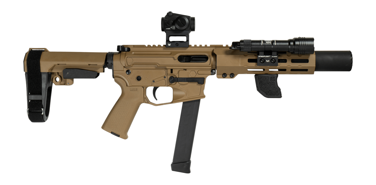 Shark Coast Tactical SCC06728SPFDE9-D Sneeky Pete Deluxe w/Optic 9mm Luger 30+1 5.50" Black Melonite Threaded Barrel, Flat Dark Earth Cerakote Receiver, SB Tactical SBA3 Brace, Vortex Crossfire Red Do