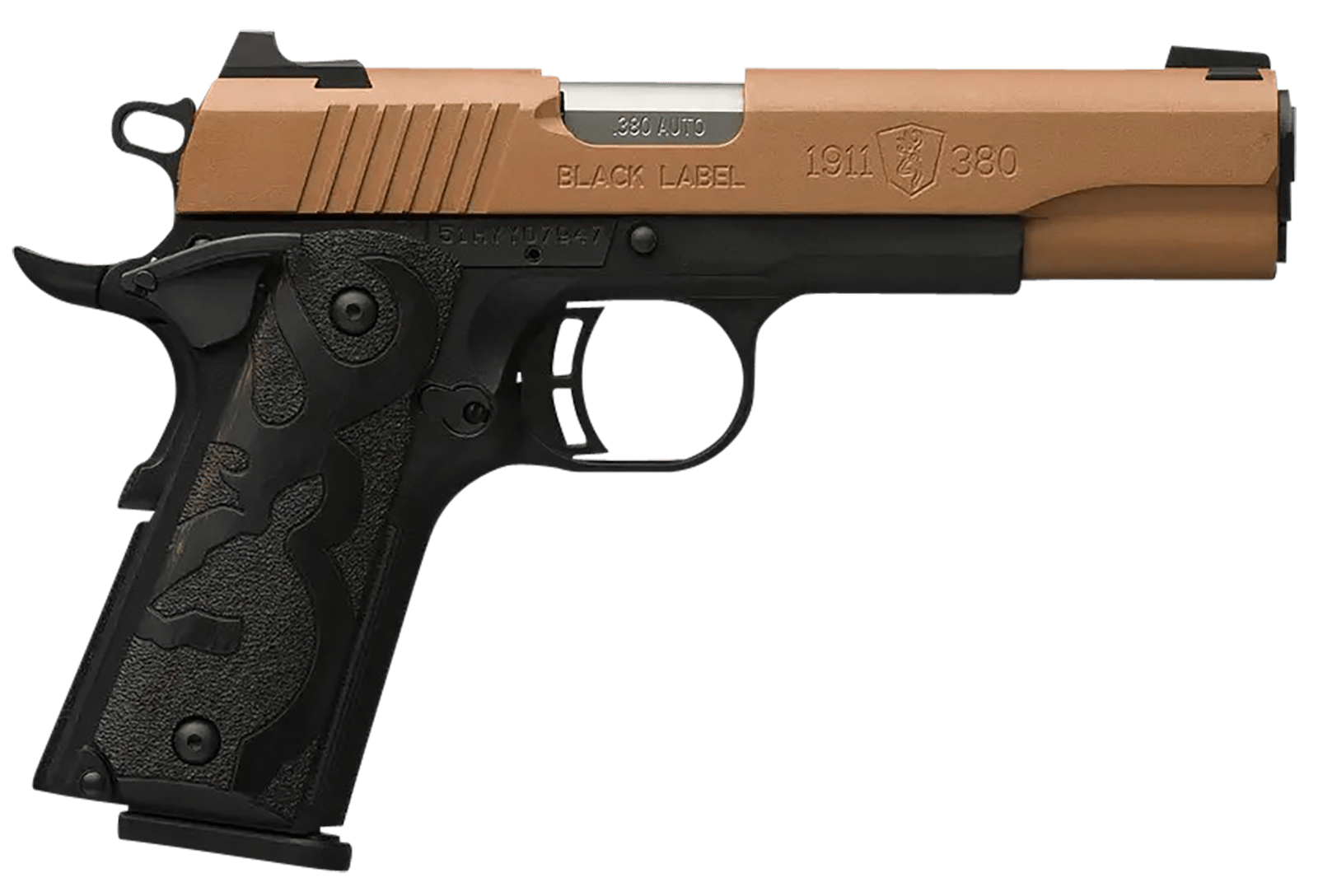 Browning 051987492 1911 Black Label Full Size Frame 380 ACP 8+1 4.25" Matte Stainless Steel Barrel, Copper Cerakote Serrated Stainless Steel Slide, Matte Black Polymer Frame, Black Polymer Grip