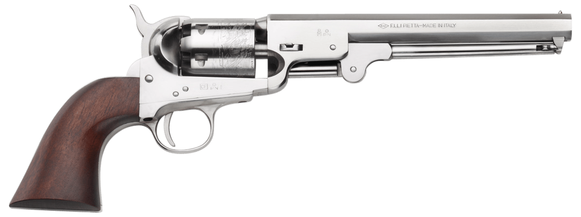 Pietta PF51OS36712 1851 Navy "Old Silver" 36 Cal 7.50" 6rd Old Silver Frame, & Octagon Barrel, Walnut Grip
