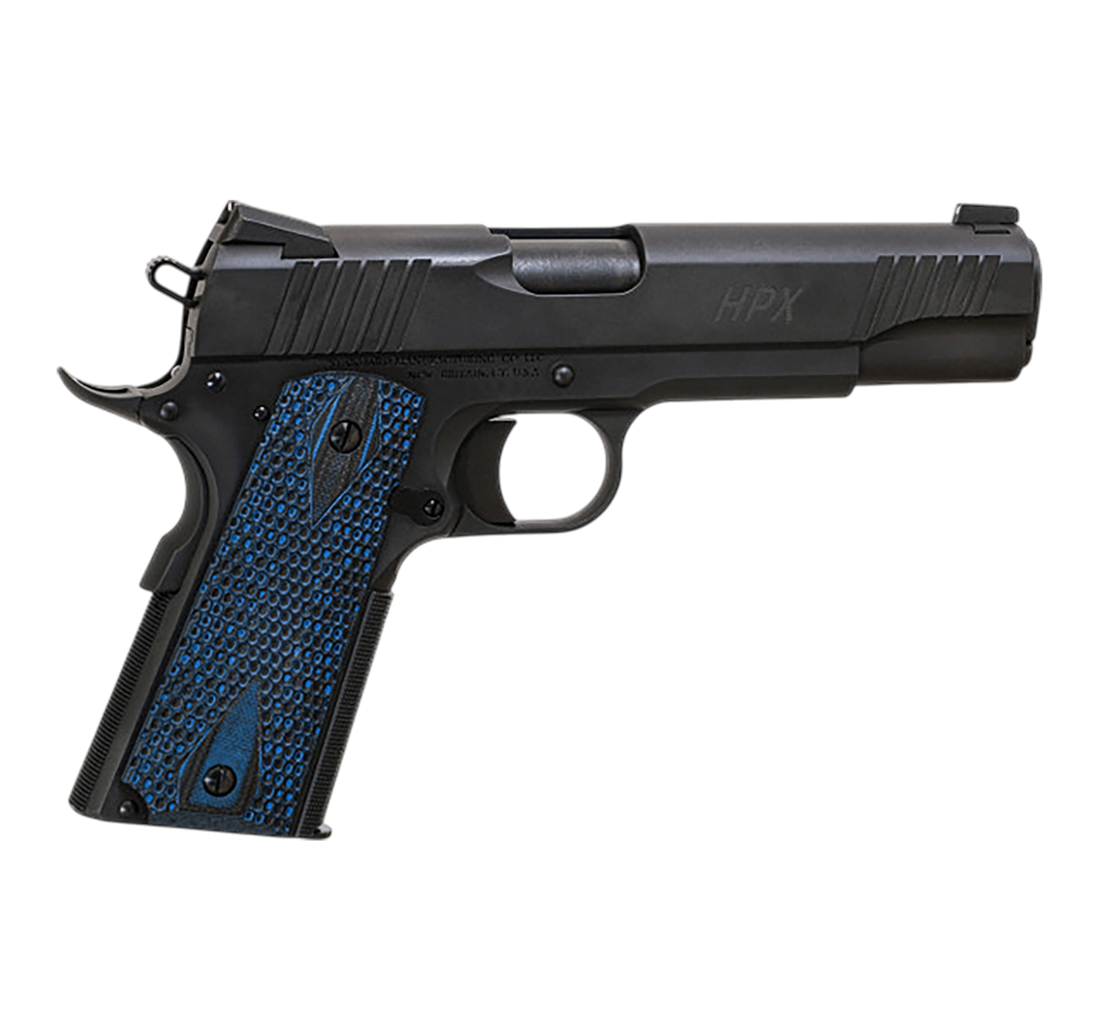 Standard Mfg  1911 HPX Full Size Frame 45 ACP 7+1 5" Black Match Grade Barrel, Satin Steel Serrated Slide, Black Satin Steel Frame w/Beavertail, Black/Blue Honeycomb Grip