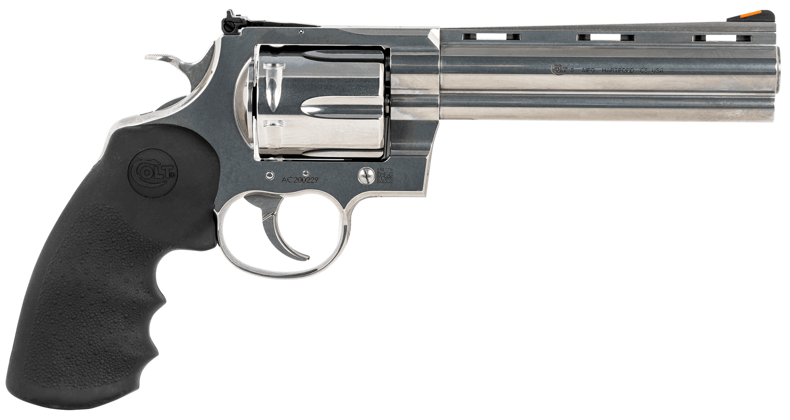 Colt Mfg ANACONDASP6RTS Anaconda  44 Mag 6 Shot 6" Stainless Recessed Target/Vent Rib Barrel,  Cylinder & Frame, Black Hogue Rubber w/Finger Grooves Grip