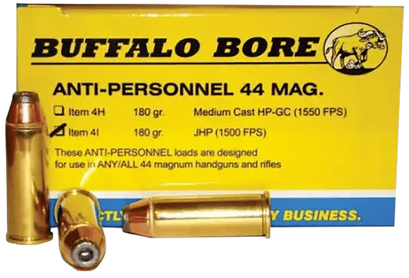 Buffalo Bore Ammunition 4I20 Anti-Personnel Strictly Business 44Rem Mag 180gr Jacketed Hollow Point 20 Per Box/12 Case
