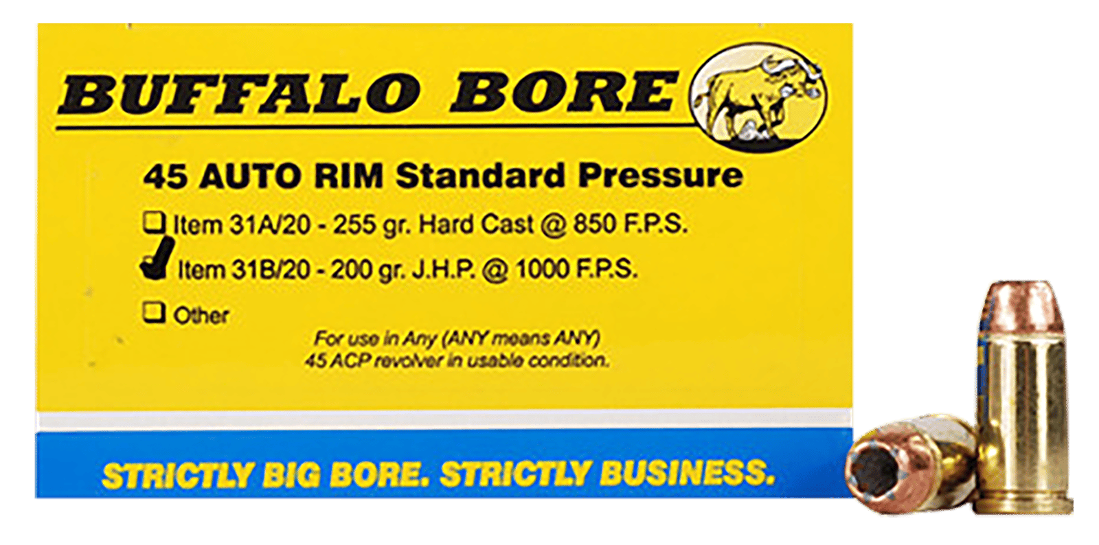 Buffalo Bore Ammunition 31B20 Standard Pressure Strictly Business 45Auto Rim 200gr Jacket Hollow Point 20 Per Box/12 Case