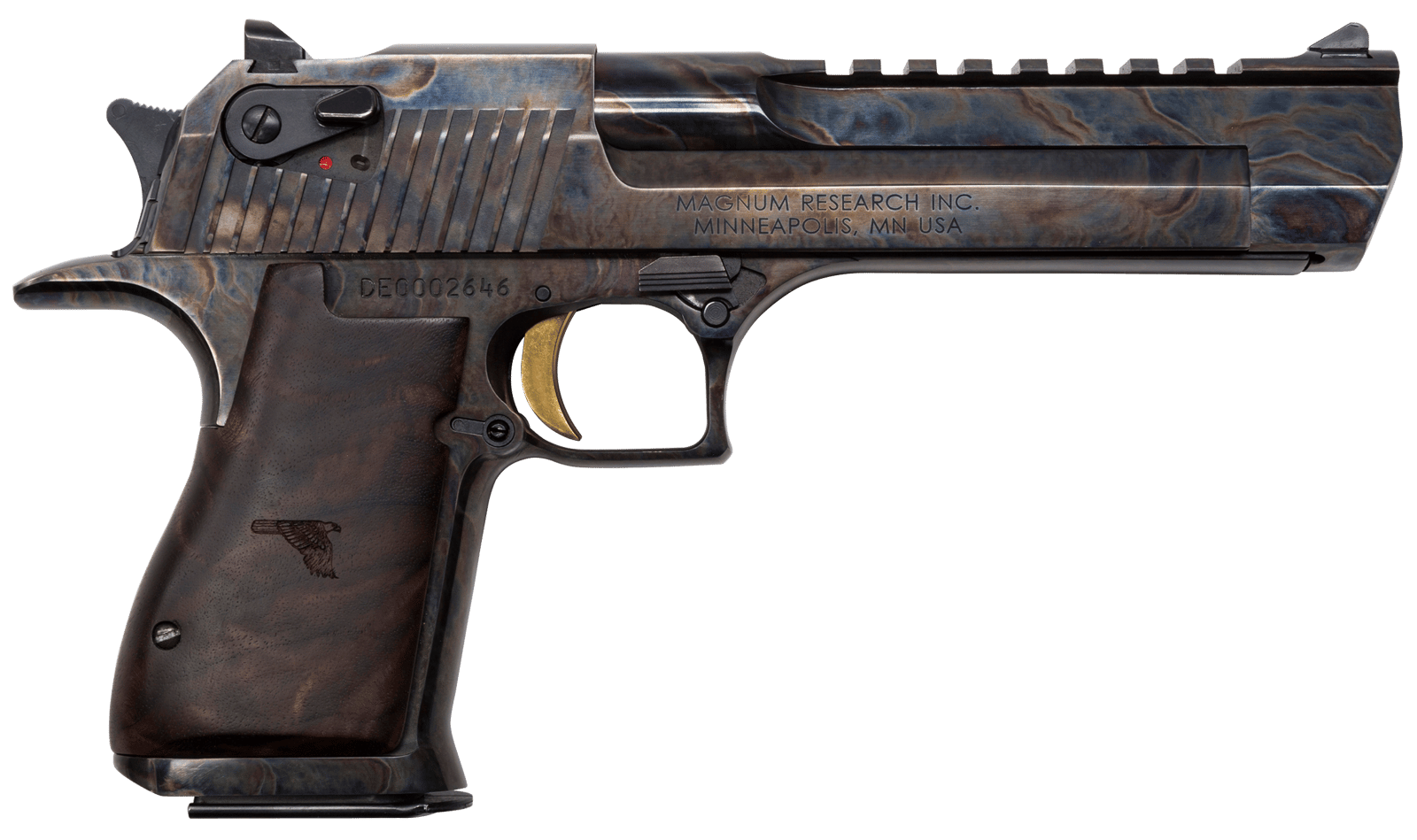 Magnum Research DE44CH Desert Eagle Mark XIX 44 Rem Mag 6" 8+1 Color Case Hardened Carbon Steel with Clear Cerakote Frame & Slide Walnut with Engraved Desert Eagle Logo Grip