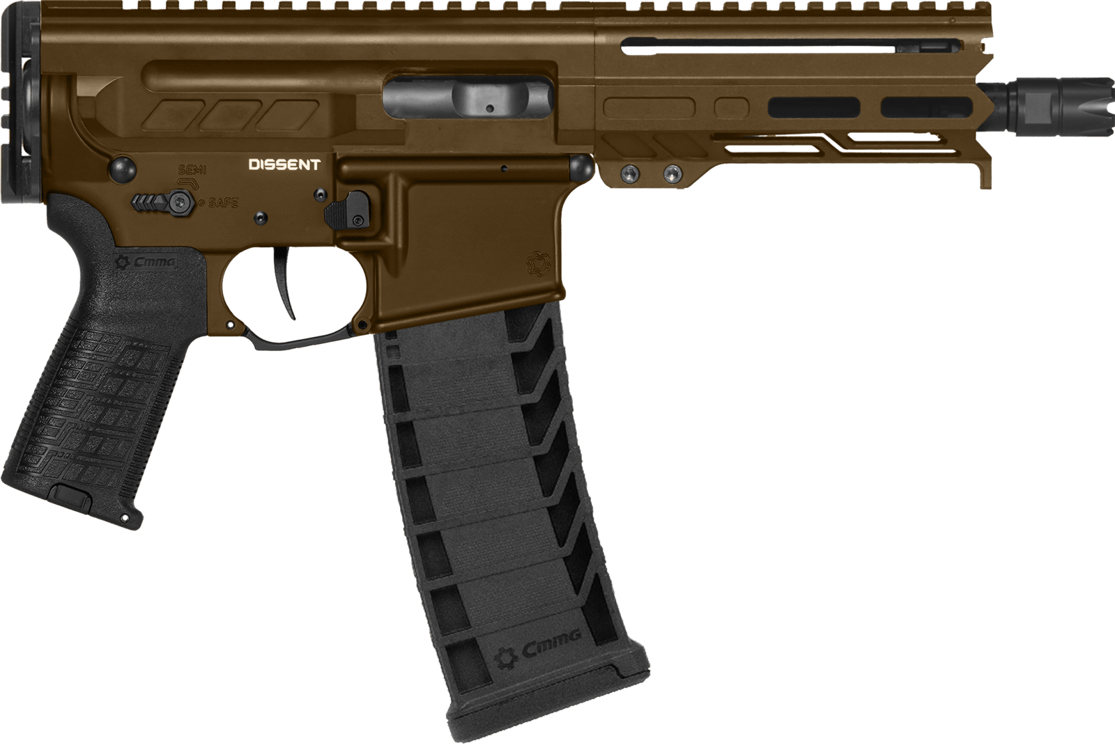 CMMG 94A6867MB Dissent MK4 9mm Luger 33+1 6.50", Midnight Bronze Rec, Picatinny Brace Adapter, 5.50" M-LOK Handguard, Left Side Charging Handle, Zeroed Linear Comp, Zeroed Drop-In Single Stage Trigger