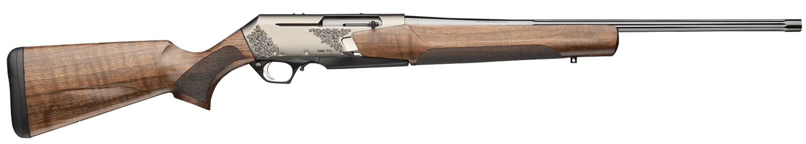 Browning 039009211 BAR MK4 Medallion 243 Win 4+1 22" Polished Blued Fluted Barrel, Satin Nickel Engraved Aluminum Alloy Drilled & Tapped Receiver, Grade III Turkish Walnut Adj Shim Stock