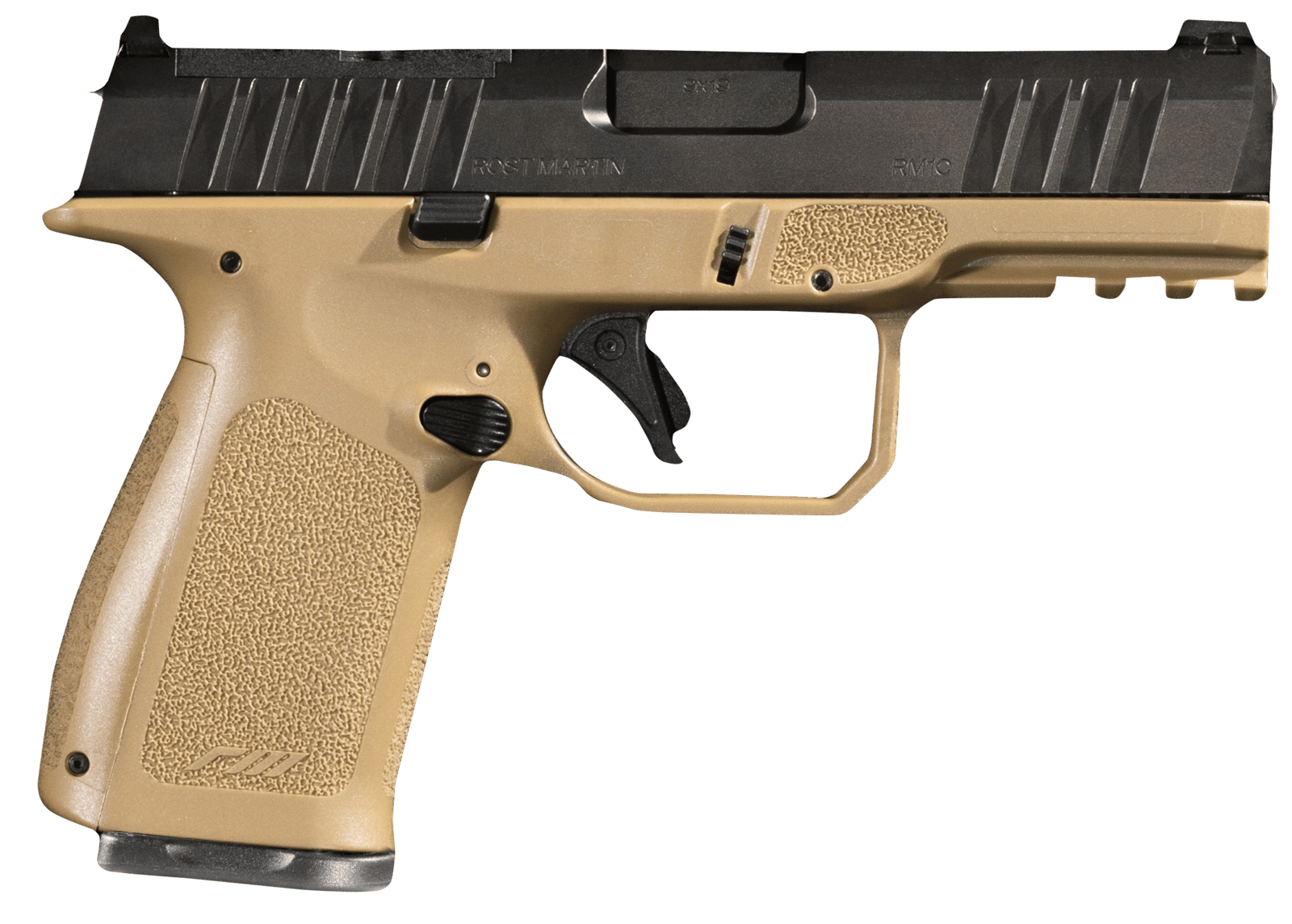 Rost Martin RM1CFDEOSP RM1C  9mm Luger 17+1 4" Black Match Grade Barrel, Black Tenifer Optic Ready/Serrated Steel Slide, Flat Dark Earth Polymer Frame w/Picatinny Rail, Textured Grip, Ambidextrous