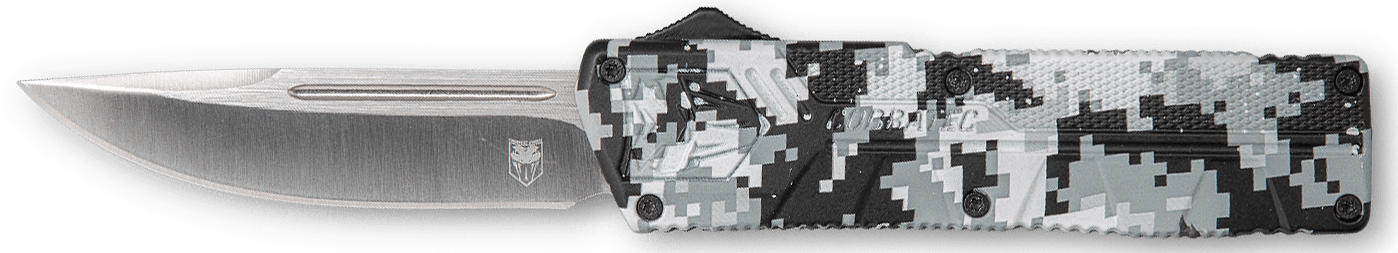 CobraTec Knives WDCCTLWDNS Lightweight  3.25" OTF Drop Point Plain D2 Steel Blade/Winter Digi Camo Aluminum Handle Includes Pocket Clip