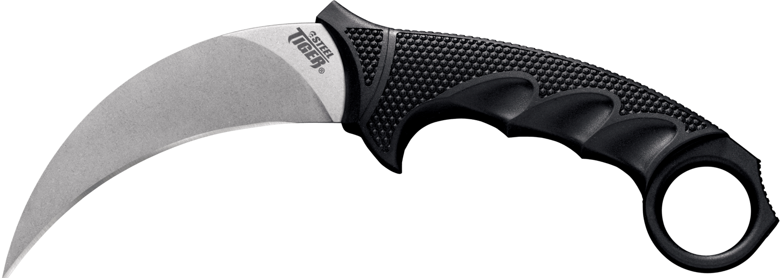 Cold Steel CS49KST Steel Tiger  4.75" Fixed Plain Stone Washed Japanese AUS-8A SS Blade/Black w/Thumb Shelf & Finger Ring Griv-Ex w/Overmold Kray-Ex Handle