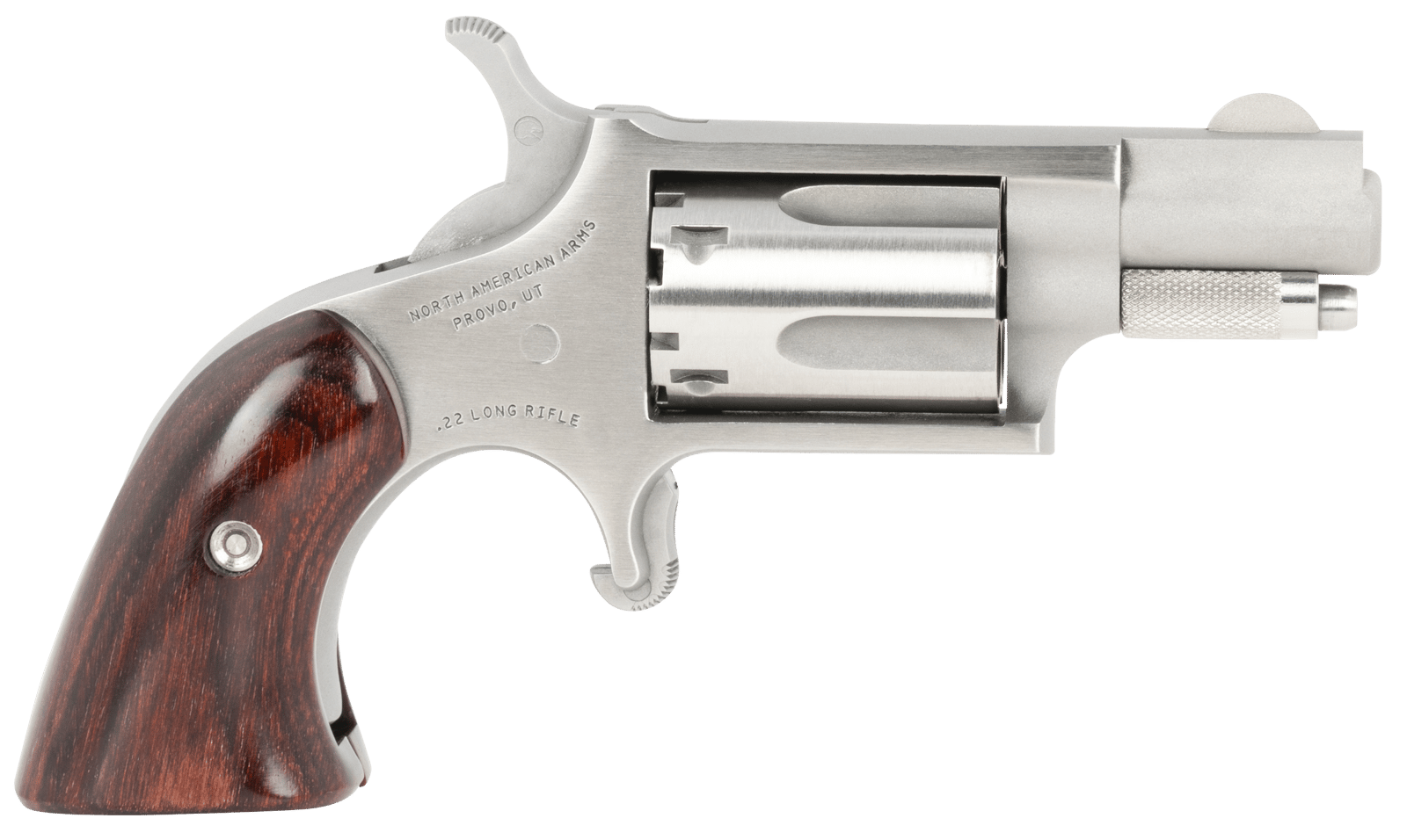North American Arms 22LRGBG Mini-Revolver  Sports South Exclusive 2 LR 5 Shot 1.13" Stainless Steel Barrel, Frame & Cylinder, Wood Boot Grip, Exposed Hammer
