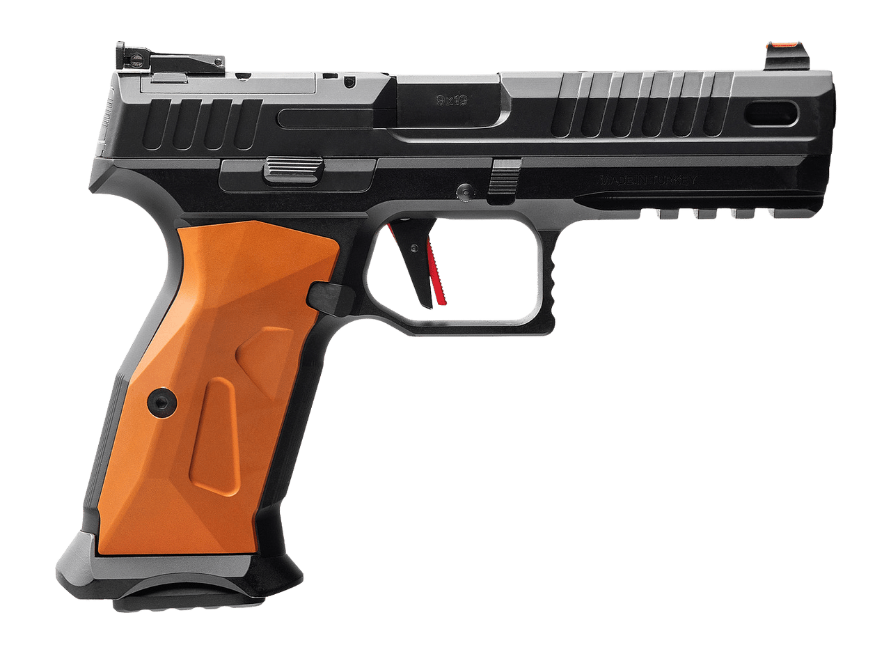 MAC 15000651 RA-9 Sport 9mm Luger 17+1 4.75" Black QPQ Tenifer Cerakote Steel Lightening Cut/Optic Ready Slide, Black Anodized Aluminum Frame w/Picatinny Rail, Orange Aluminum Grip, RMR Footprint