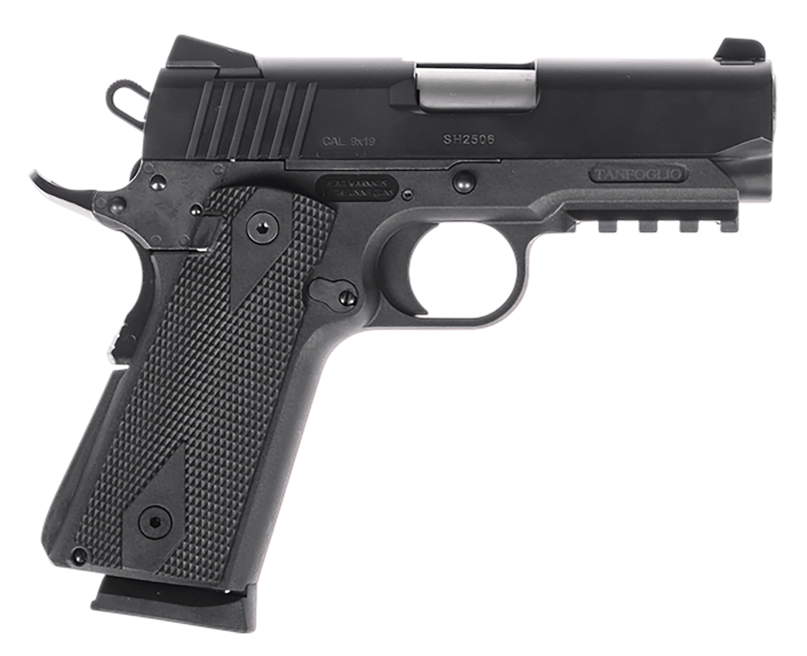 Tanfoglio TFPUGIO9 Pugio  Compact 9mm Luger 10+1 3.54" Stainless Bull Barrel, Black Steel Serrated Slide, Black Polymer Frame w/Beavertail & Picatinny Rail, Textured Grip