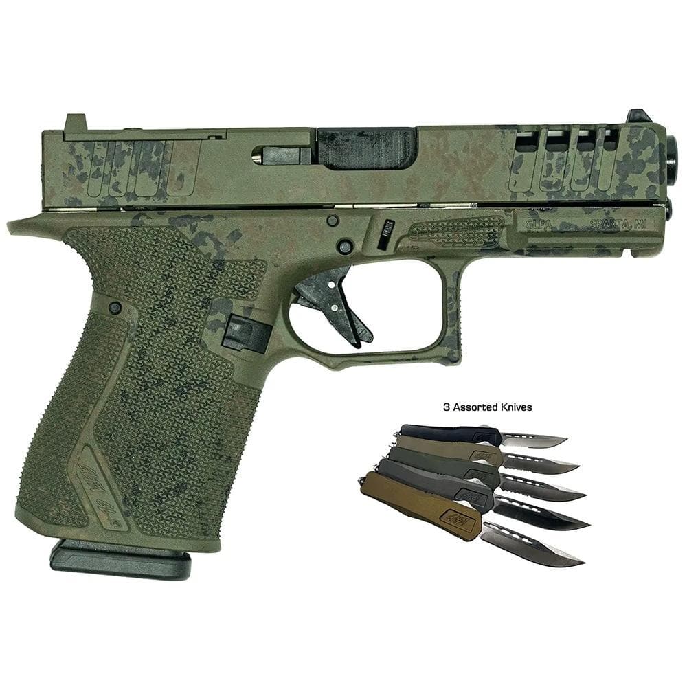 Great Lakes Striker Handgun Combo 9mm Luger 15rd Magazines (2) 4" Barrel Lichen Green OR with 3 OTF 3-1/2" Blade Knives