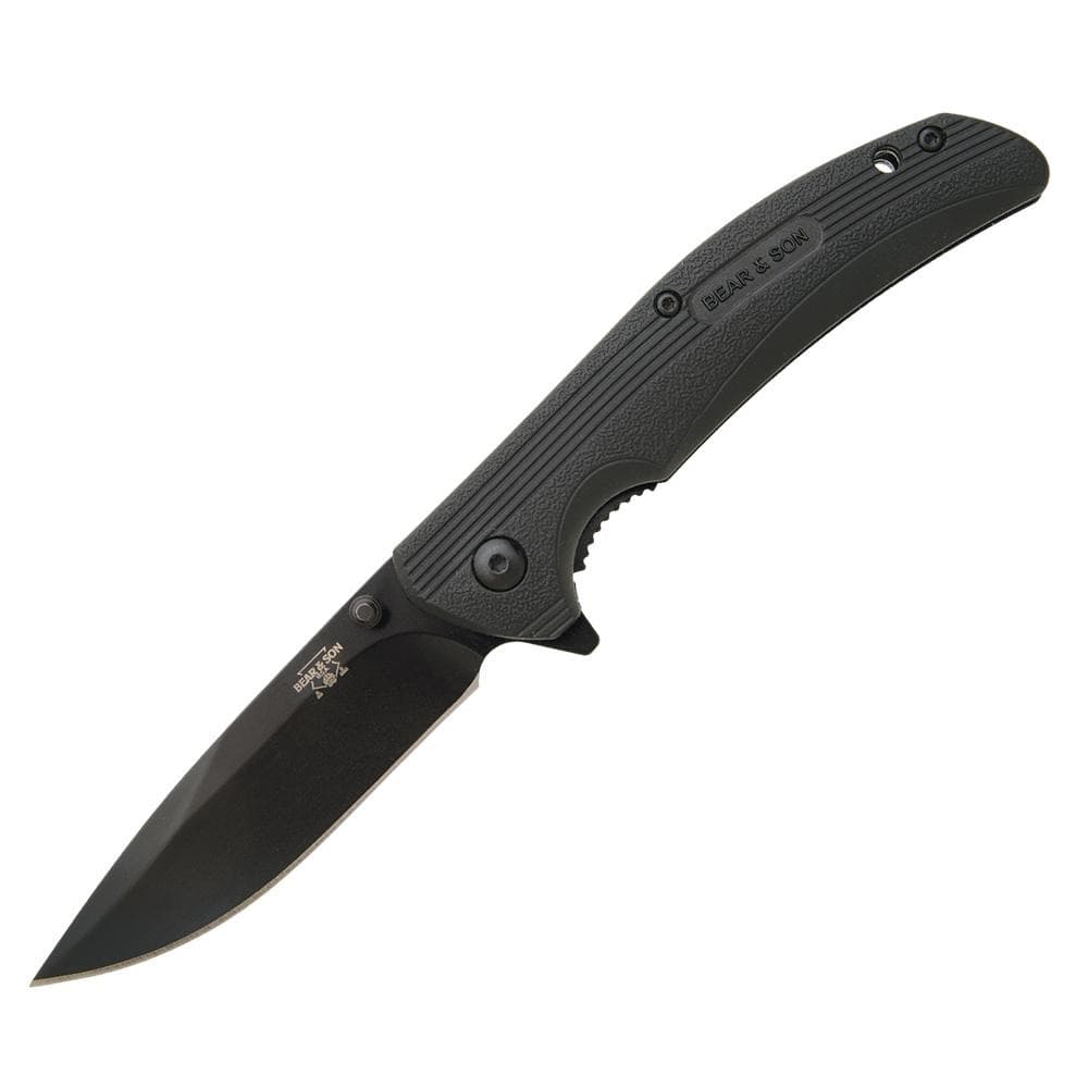 Bear & Son Sideliner Folding Knife 3-3/4" Drop Point Blade Black Zytel with Flipper