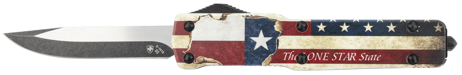 Templar Knife MZTX321 Premium Weighted Texan Slim 3.16" OTF Drop Point Plain Black Oxide Stonewashed D2 Steel Blade, 4.93" Red/White/Blue w/"The LONE STAR State" Aluminum Zinc Alloy Handle