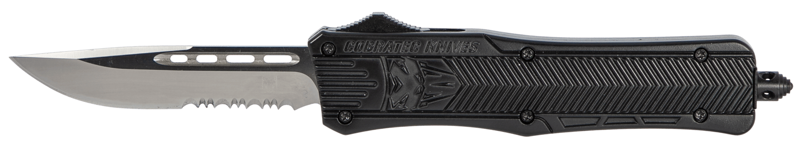 CobraTec Knives MBCTK1MDS CTK-1  Medium 3" OTF Drop Point Part Serrated D2 Steel Blade/Black Aluminum Handle Features Glass Breaker Includes Pocket Clip