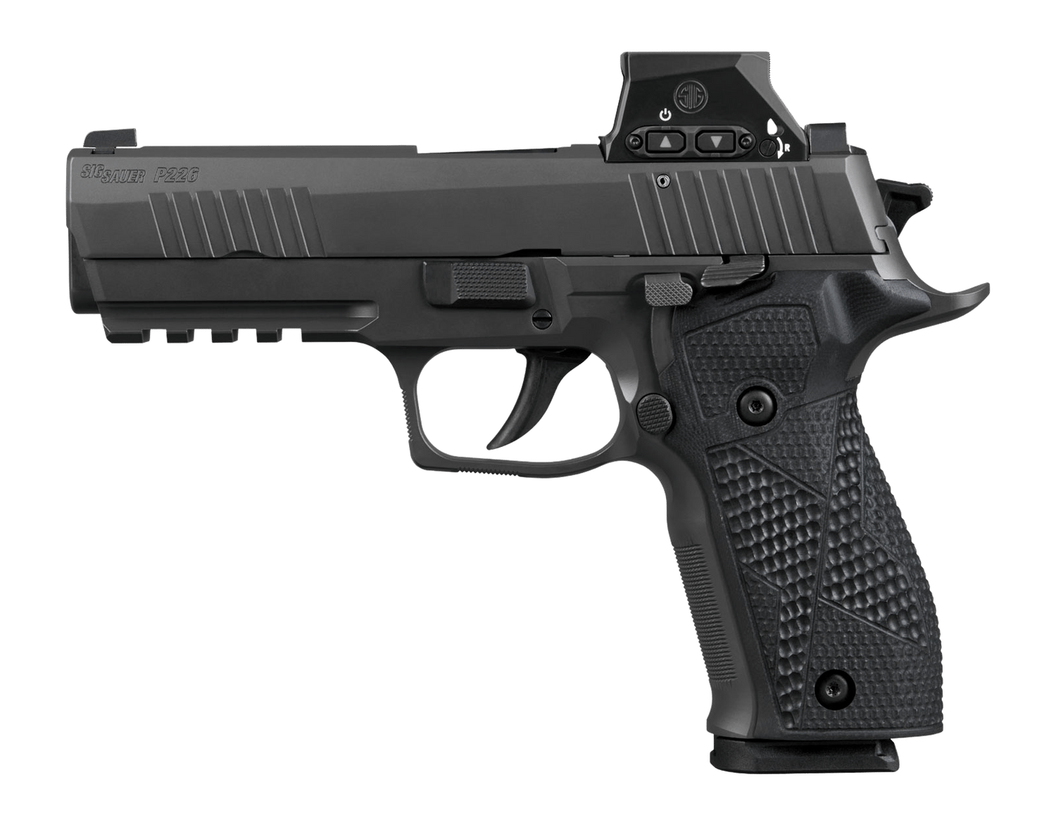 Sig Sauer 226X9RXSL P226 w/Optic Full Size 9mm Luger 18+1 4.40" Black Bull Barrel, Matte Black DLC Stainless Steel Serrated w/Optic Slide, Black Anodized Alloy Frame w/Picatinny Rail, Black Hogue G10