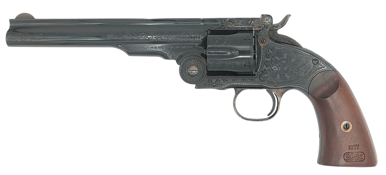 Taylors & Company 550652 Top Break Schofield 44-40 Win Caliber with 7" Barrel, 6rd Capacity Cylinder, Overall Blued Engraved Finish Steel & Walnut Grip